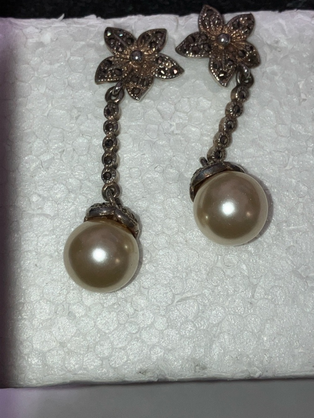 Pearl Drop Flower Chain Earrings on Sterling Silver Marcasite and Gold Accent